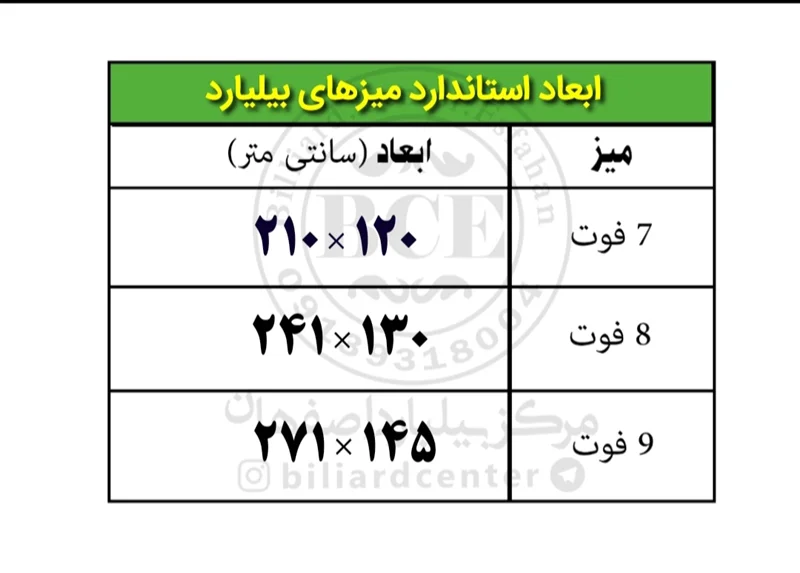 سایز استاندارد میزهای بیلیارد